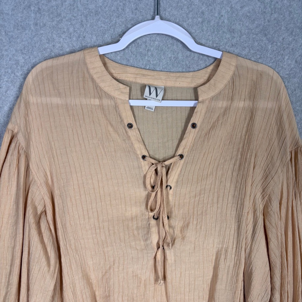 Worthington‎ Lace Up Blouse Large Tan Textured Balloon Sleeve Semi Sheer Neutral - Picture 2 of 11